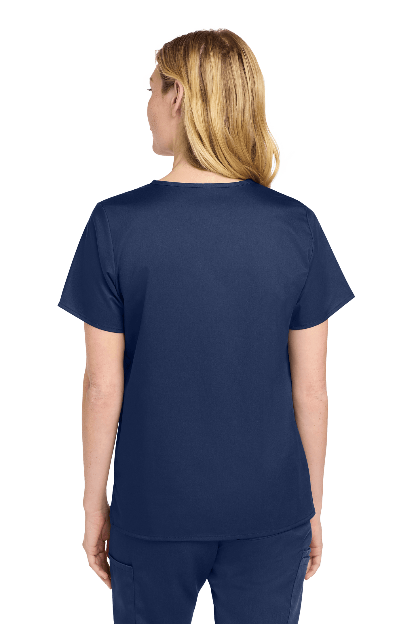 Navy women's Medical WorkFlex™ mock wrap scrub top by Wink, featuring a printed design, shown from the back view.