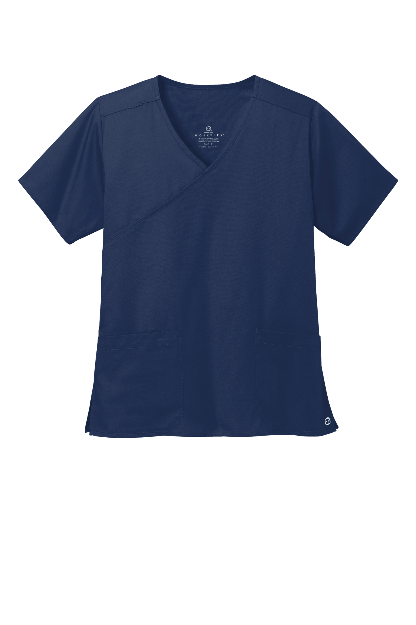Navy Women's Medical WorkFlex™ mock wrap scrub top by Wink with printed pattern, front view showing comfortable fit and medical style.