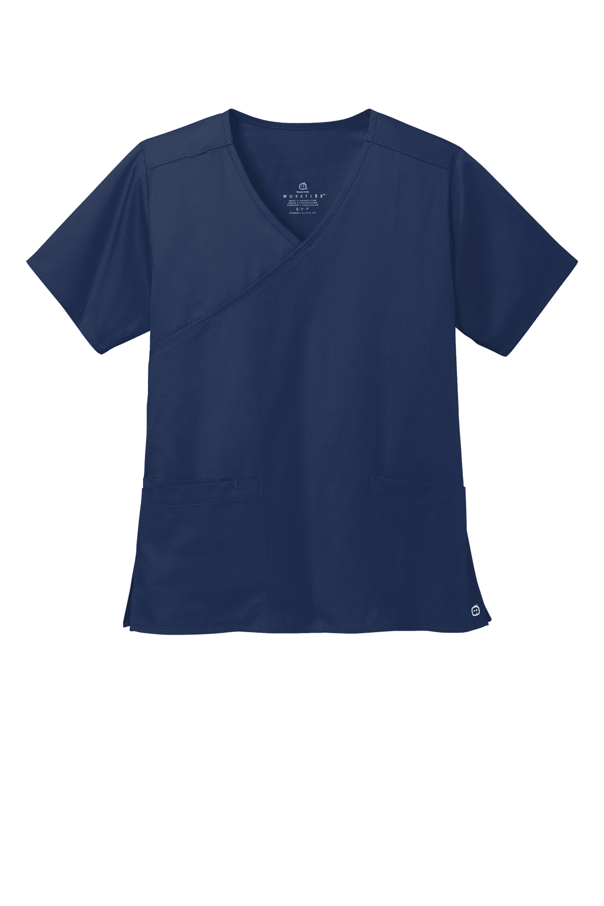 Navy Women's Medical WorkFlex™ mock wrap scrub top by Wink with printed pattern, front view showing comfortable fit and medical style.