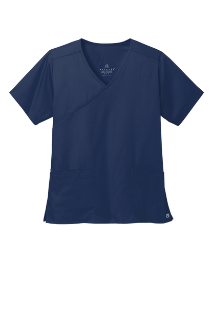 Navy Women's Medical WorkFlex™ mock wrap scrub top by Wink with printed pattern, front view showing comfortable fit and medical style.