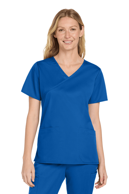 Women's Medical WorkFlex™ mock wrap scrub top by Wink in royal blue with a print design, suitable for healthcare professionals.