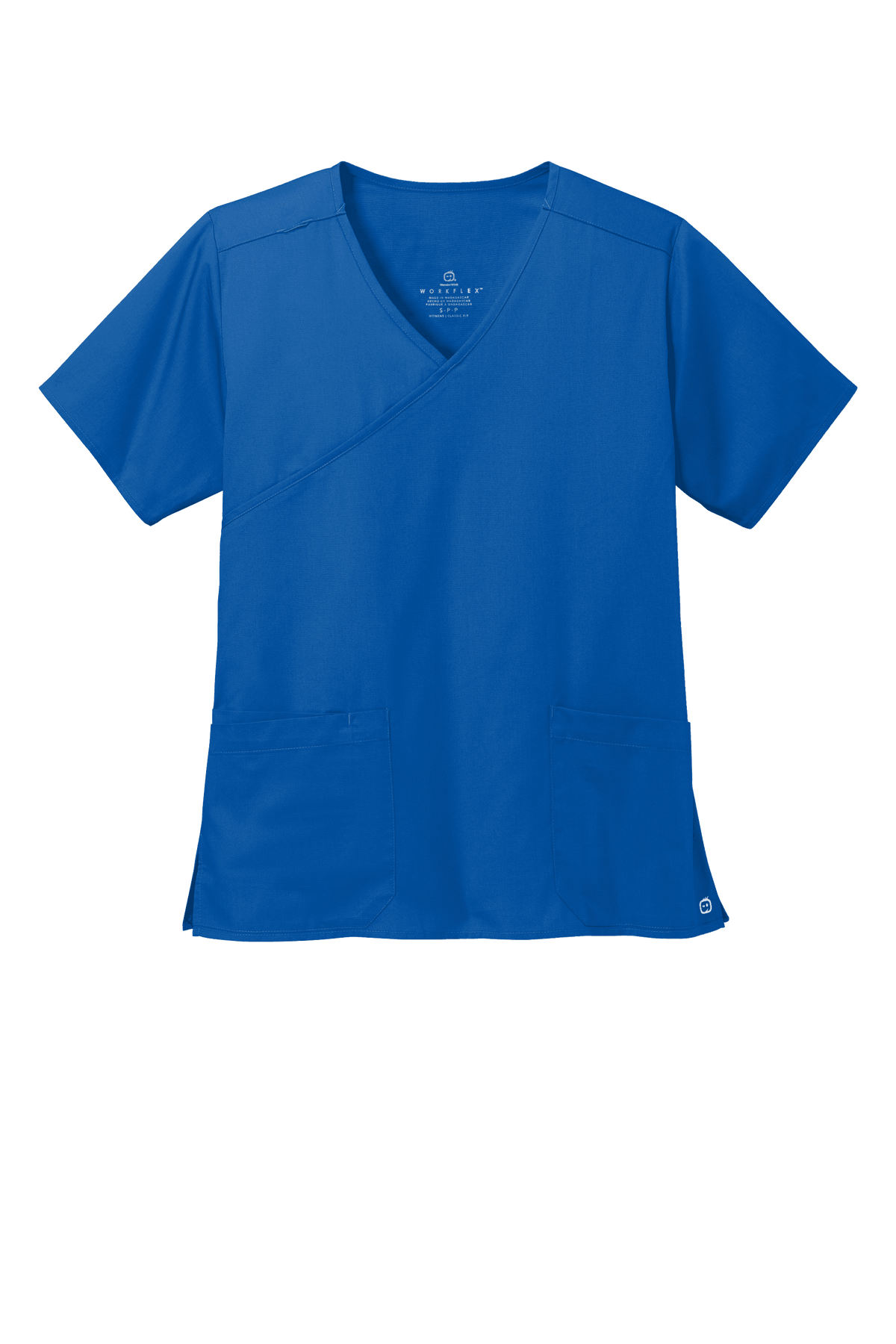 Women’s Medical WorkFlex™ mock wrap scrub top by Wink in royal blue with printed design, front view showing comfortable fit and stylish details.