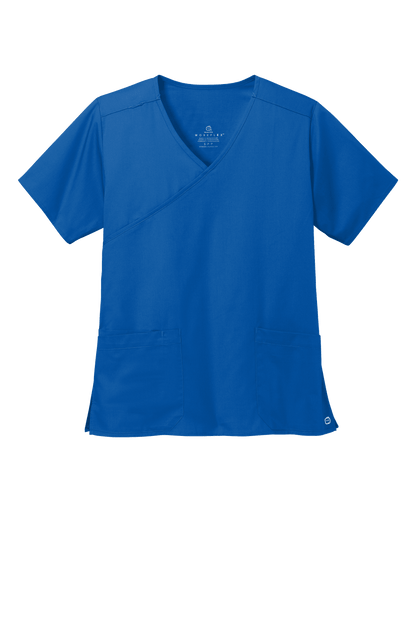 Women’s Medical WorkFlex™ mock wrap scrub top by Wink in royal blue with printed design, front view showing comfortable fit and stylish details.