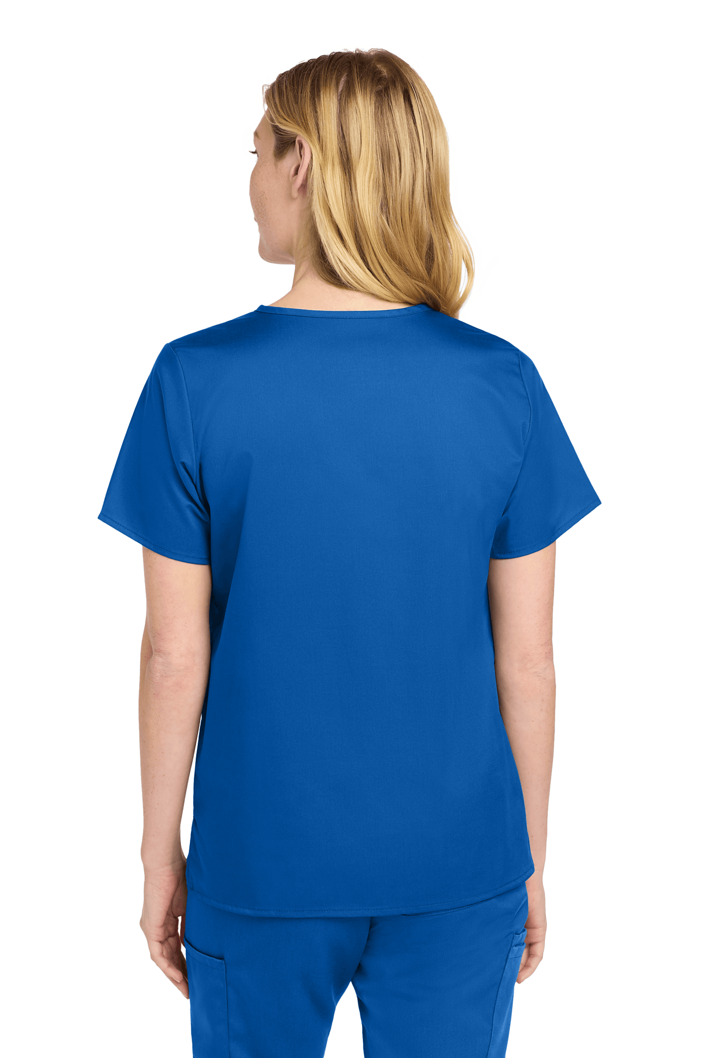 Women’s Medical WorkFlex™ mock wrap scrub top by Wink in royal blue with print design, shown from the back.