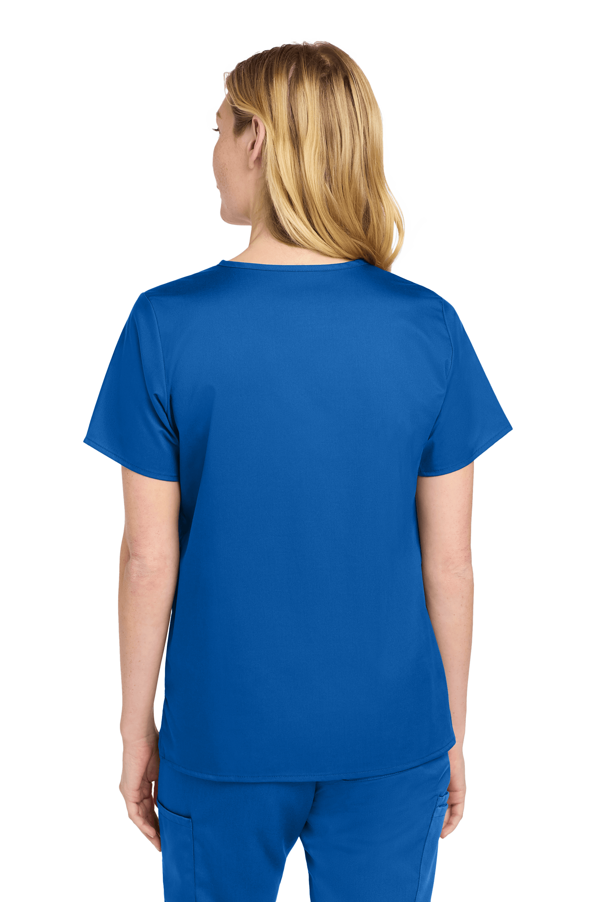 Women’s Medical WorkFlex™ mock wrap scrub top by Wink in royal blue with print design, shown from the back.
