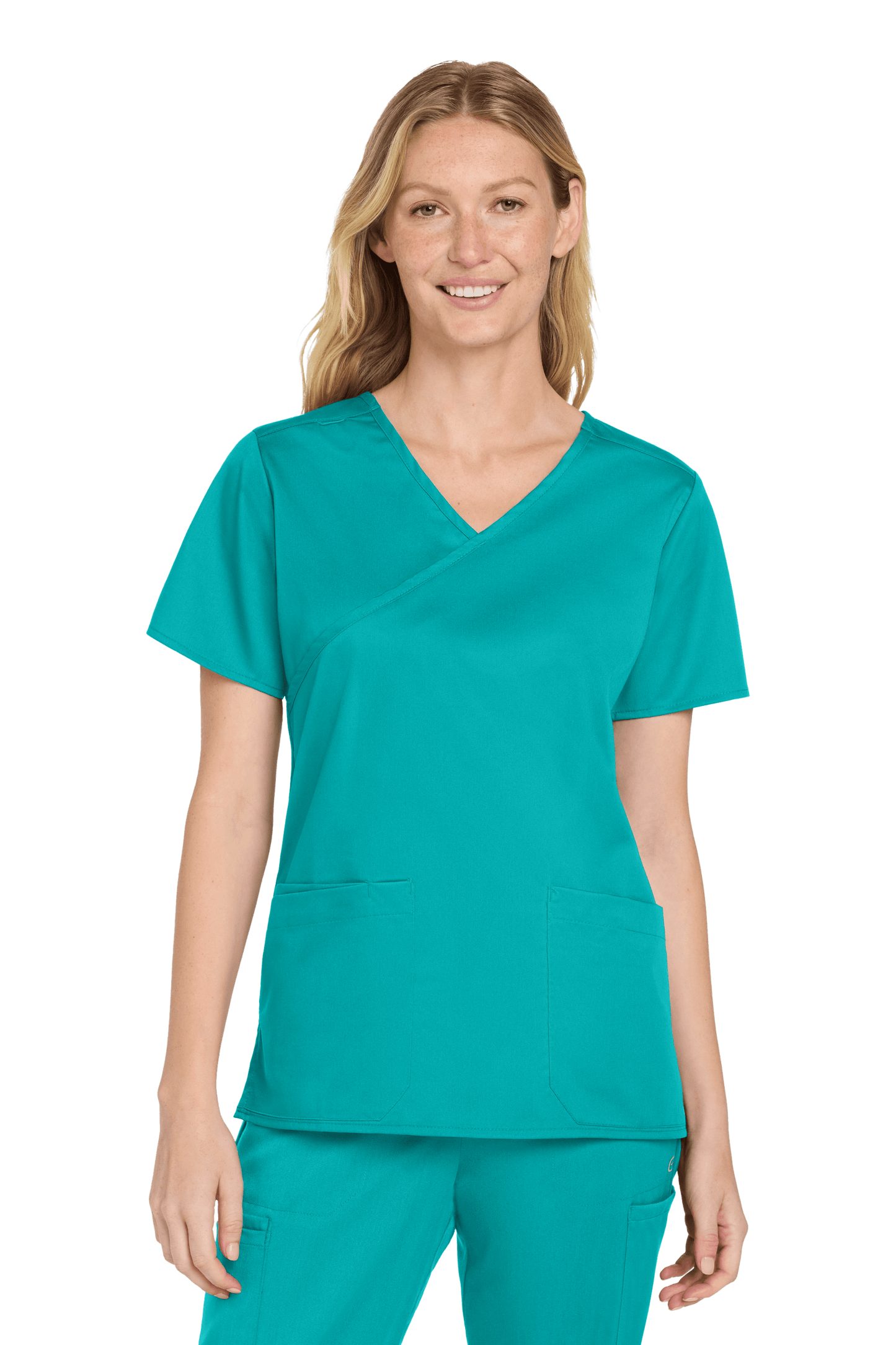 Women’s Medical WorkFlex™ mock wrap scrub top by Wink with teal print, designed for comfort and professional healthcare attire.