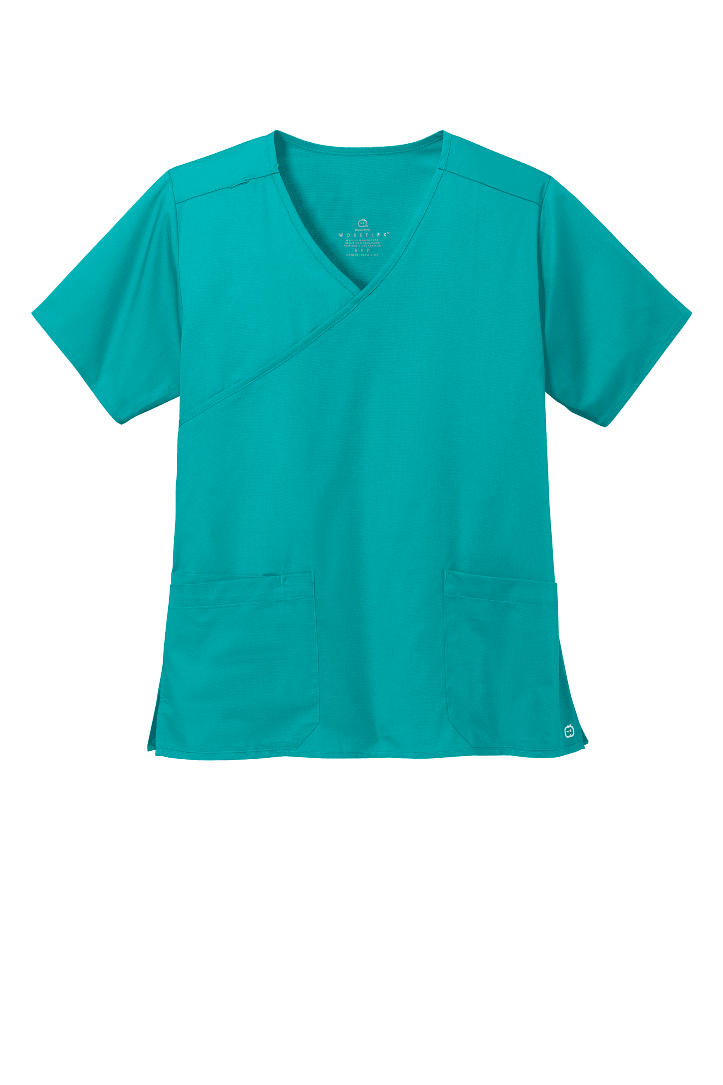 Women's Medical WorkFlex™ mock wrap scrub top by Wink with teal print, featuring comfortable fit and professional design.