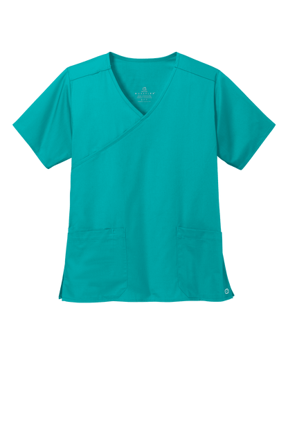 Women's Medical WorkFlex™ mock wrap scrub top by Wink with teal print, featuring comfortable fit and professional design.