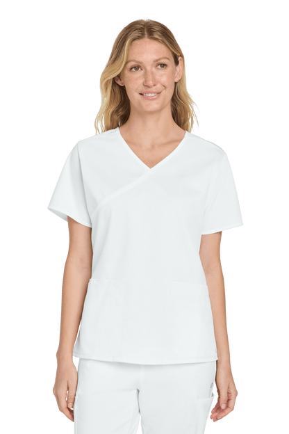 Women's Medical WorkFlex™ mock wrap scrub top by Wink with a colorful print, designed for comfortable medical workwear.