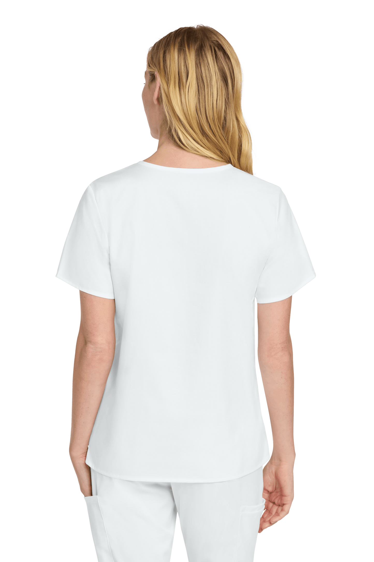 Women's Medical WorkFlex™ Mock Wrap Top by Wink, white scrub print view, back of the women's medical scrubs.