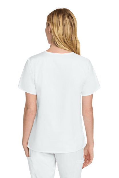 Women's Medical WorkFlex™ Mock Wrap Top by Wink, white scrub print view, back of the women's medical scrubs.