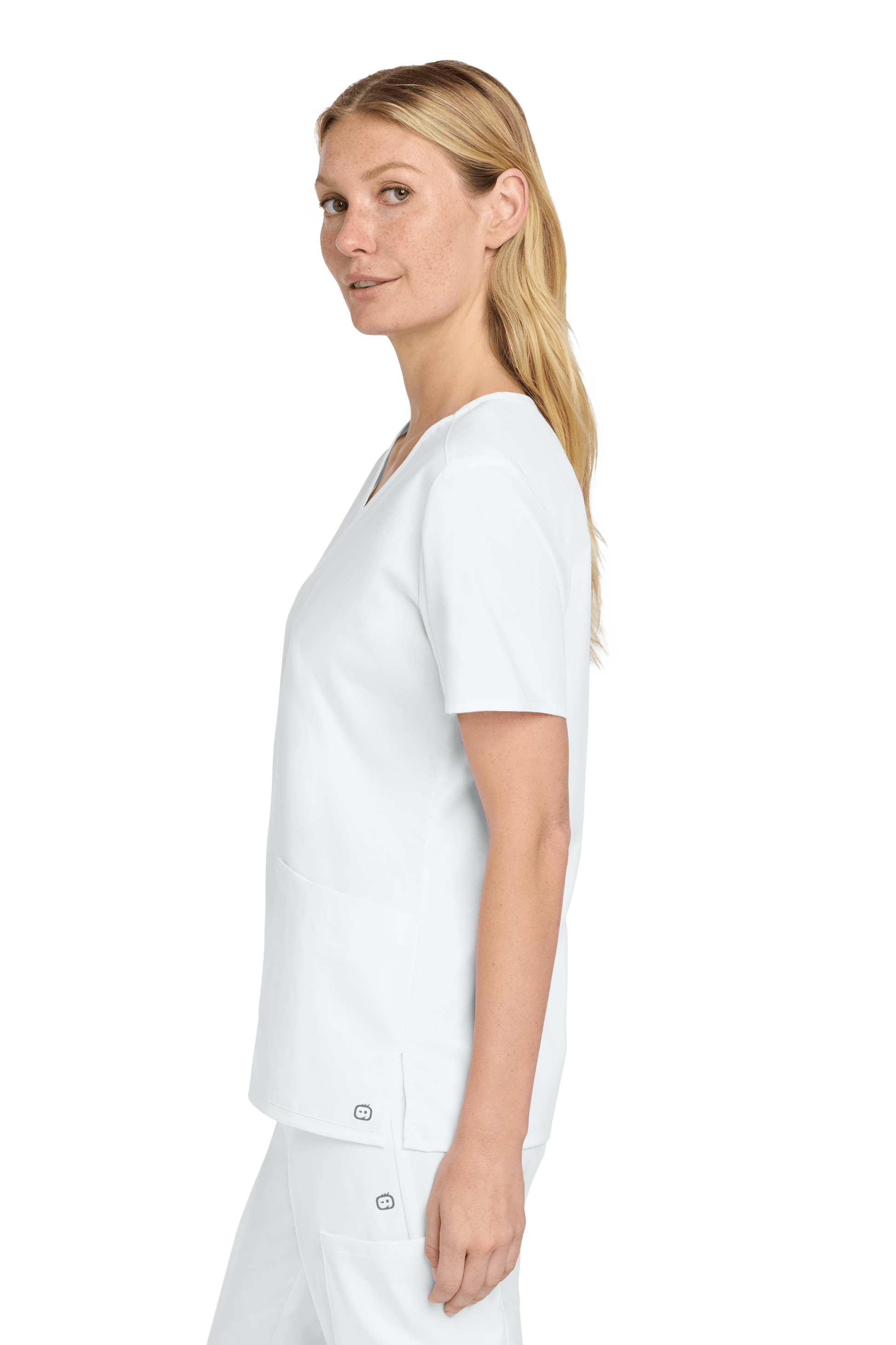 White Women's Medical WorkFlex™ mock wrap scrub top by Wink, shown from the side with a printed design and fit details.