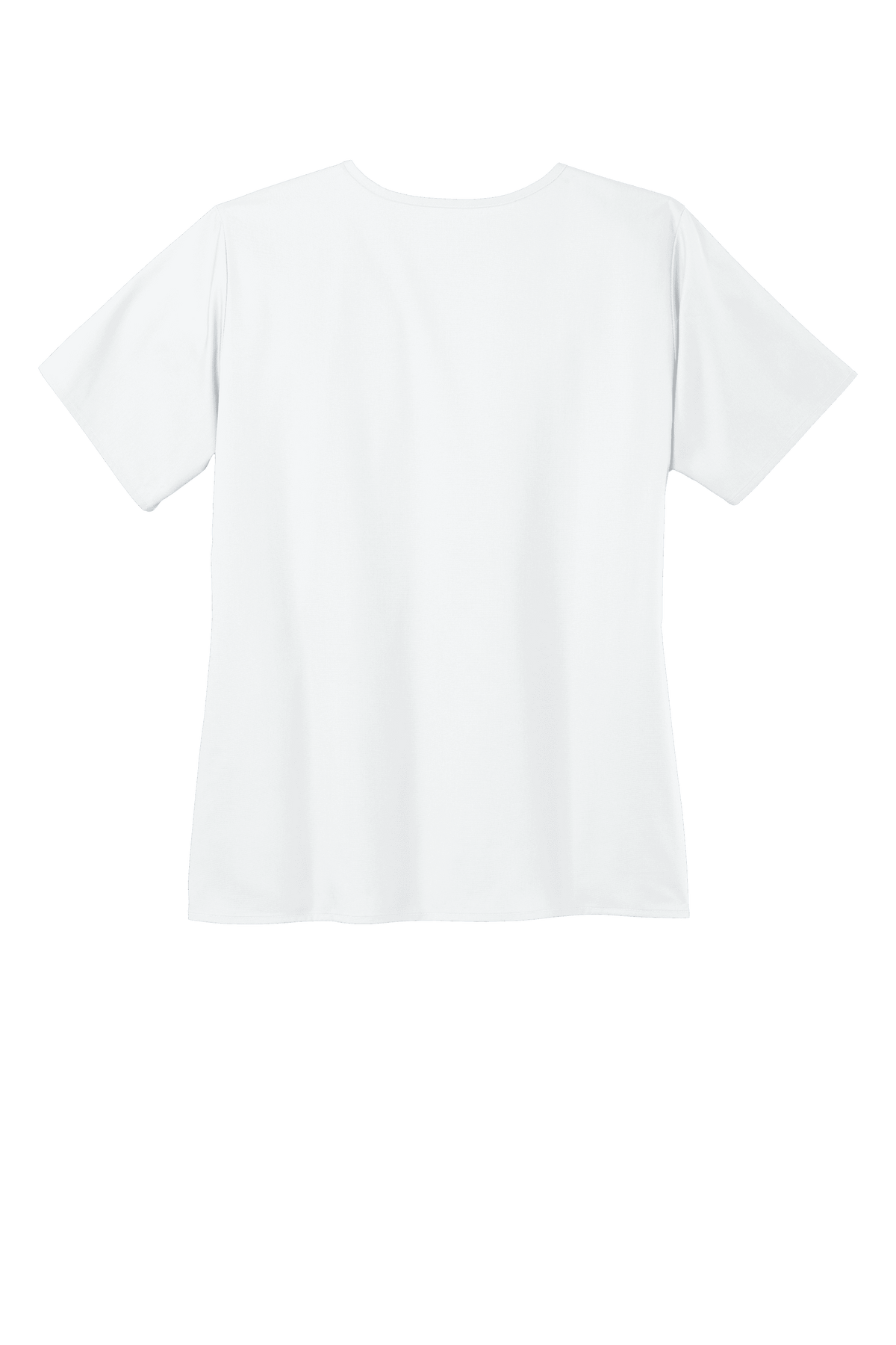 Women’s Medical WorkFlex™ mock wrap scrub top by Wink with a printed design, shown from the back with a white background.