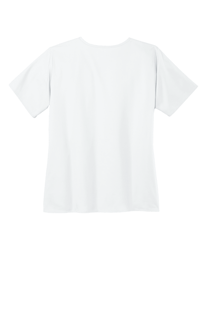 Women’s Medical WorkFlex™ mock wrap scrub top by Wink with a printed design, shown from the back with a white background.