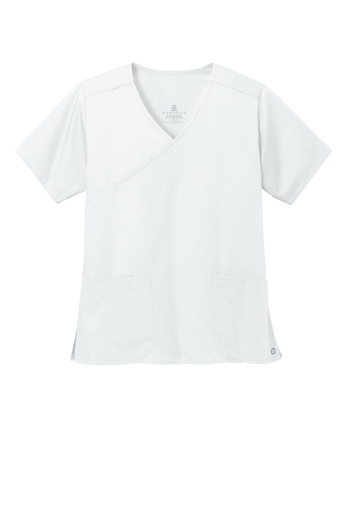 Women's Medical WorkFlex™ mock wrap scrub top with colorful print design, white front view, by Wink.