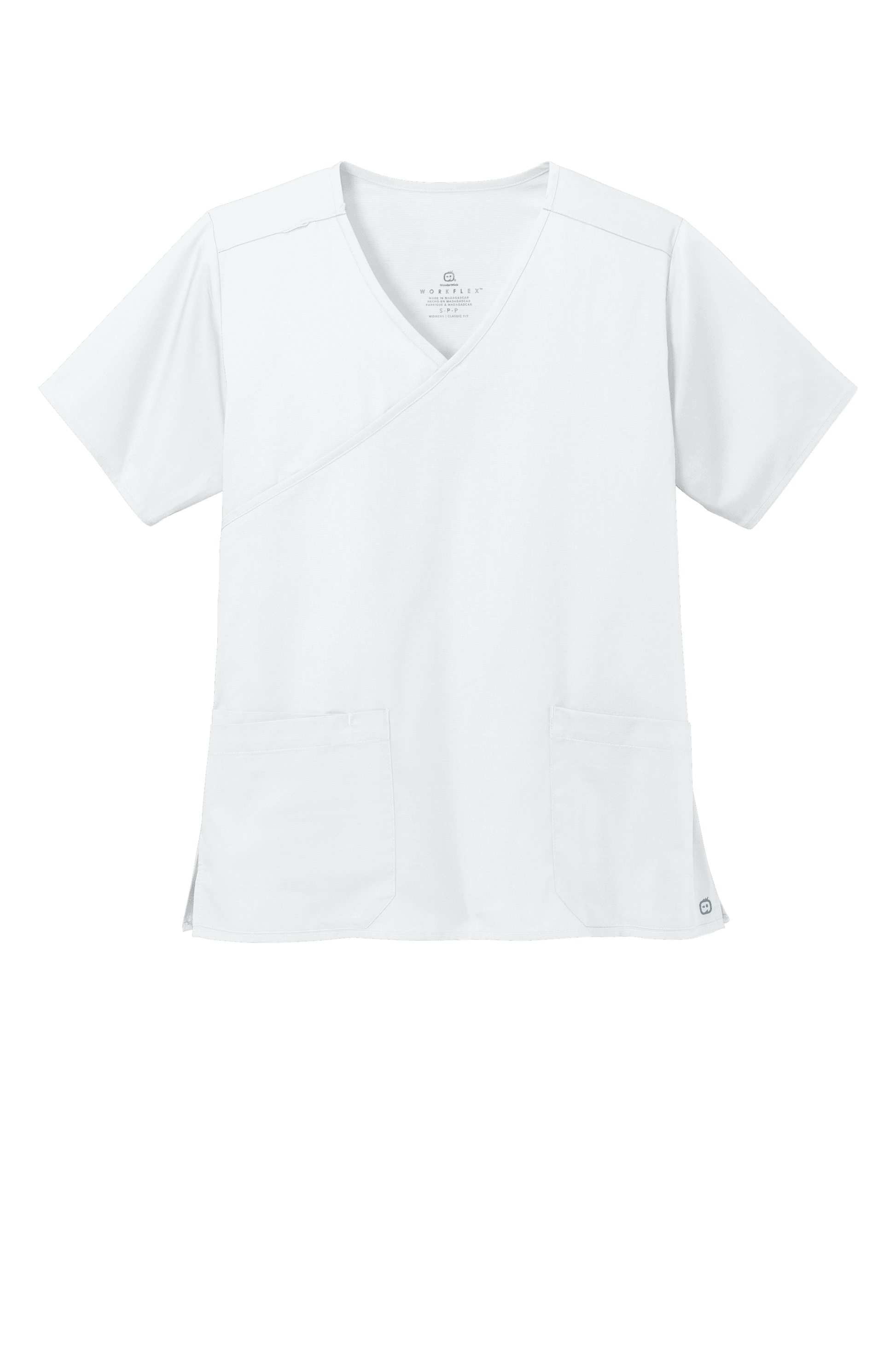 Women's Medical WorkFlex™ mock wrap scrub top with colorful print design, white front view, by Wink.