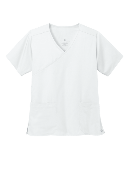 Women's Medical WorkFlex™ mock wrap scrub top with colorful print design, white front view, by Wink.