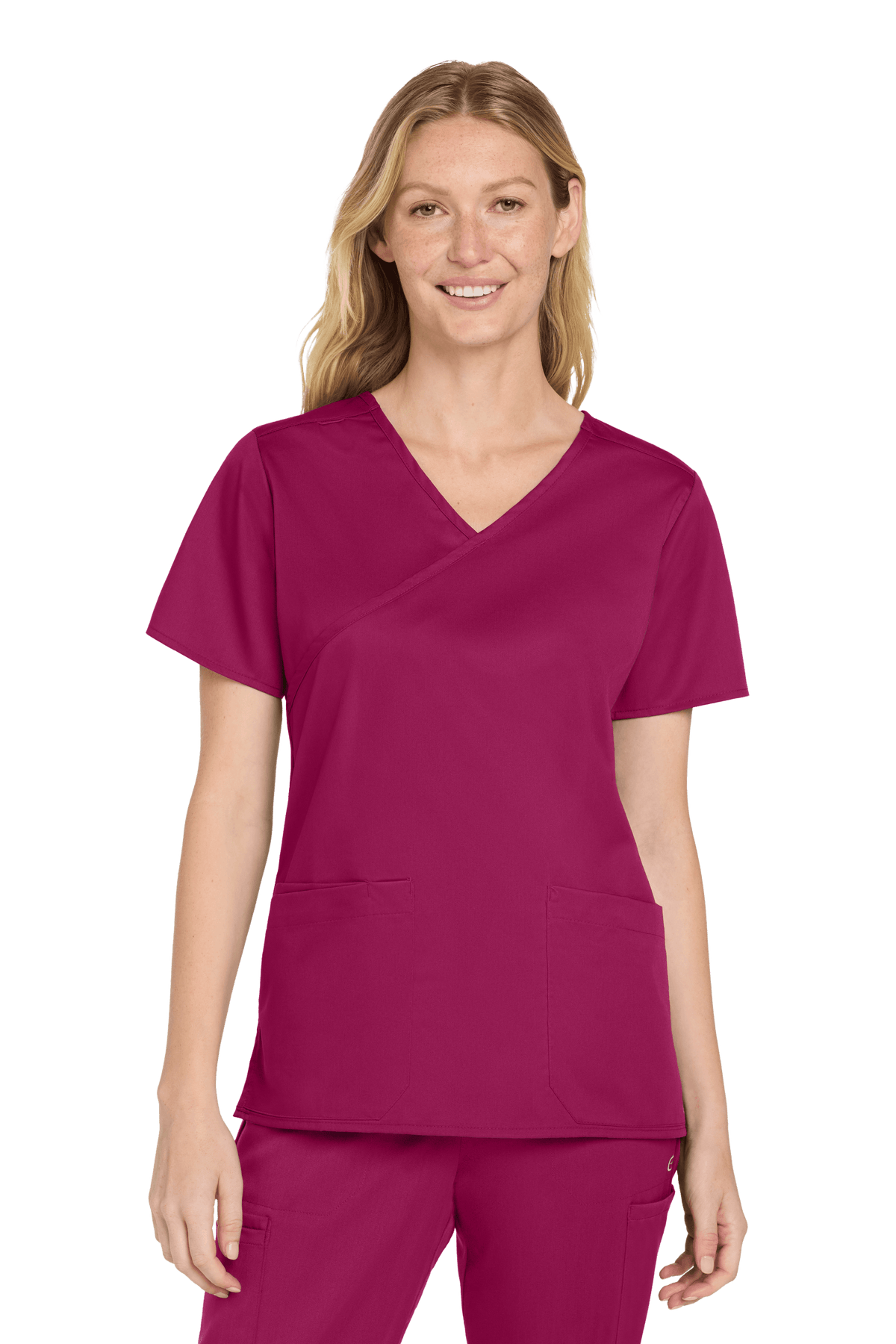 Women's Medical WorkFlex™ mock wrap scrub top by Wink with wine-colored printed pattern, designed for comfort and style.