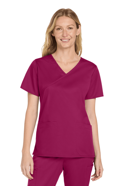 Women's Medical WorkFlex™ mock wrap scrub top by Wink with wine-colored printed pattern, designed for comfort and style.