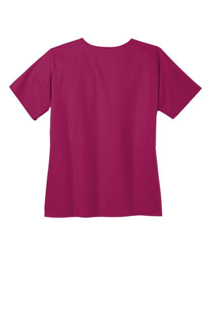 Women's Wink Medical WorkFlex mock wrap scrub top with printed design, shown in wine color, featuring a comfortable fit and functional pockets.