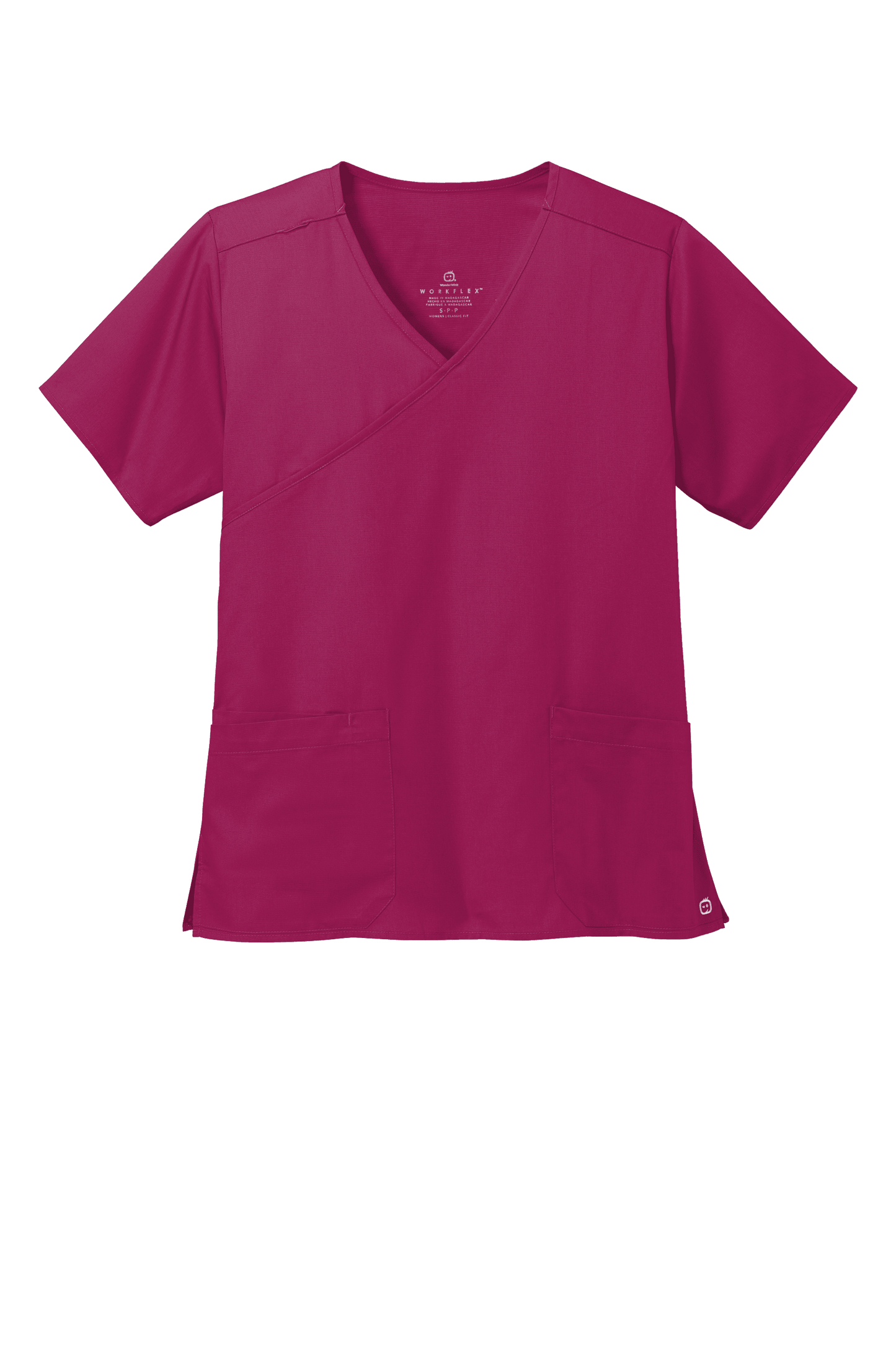 Women's Wink Medical WorkFlex™ mock wrap scrub top with a stylish wine-colored print, designed for comfort and professional healthcare wear.