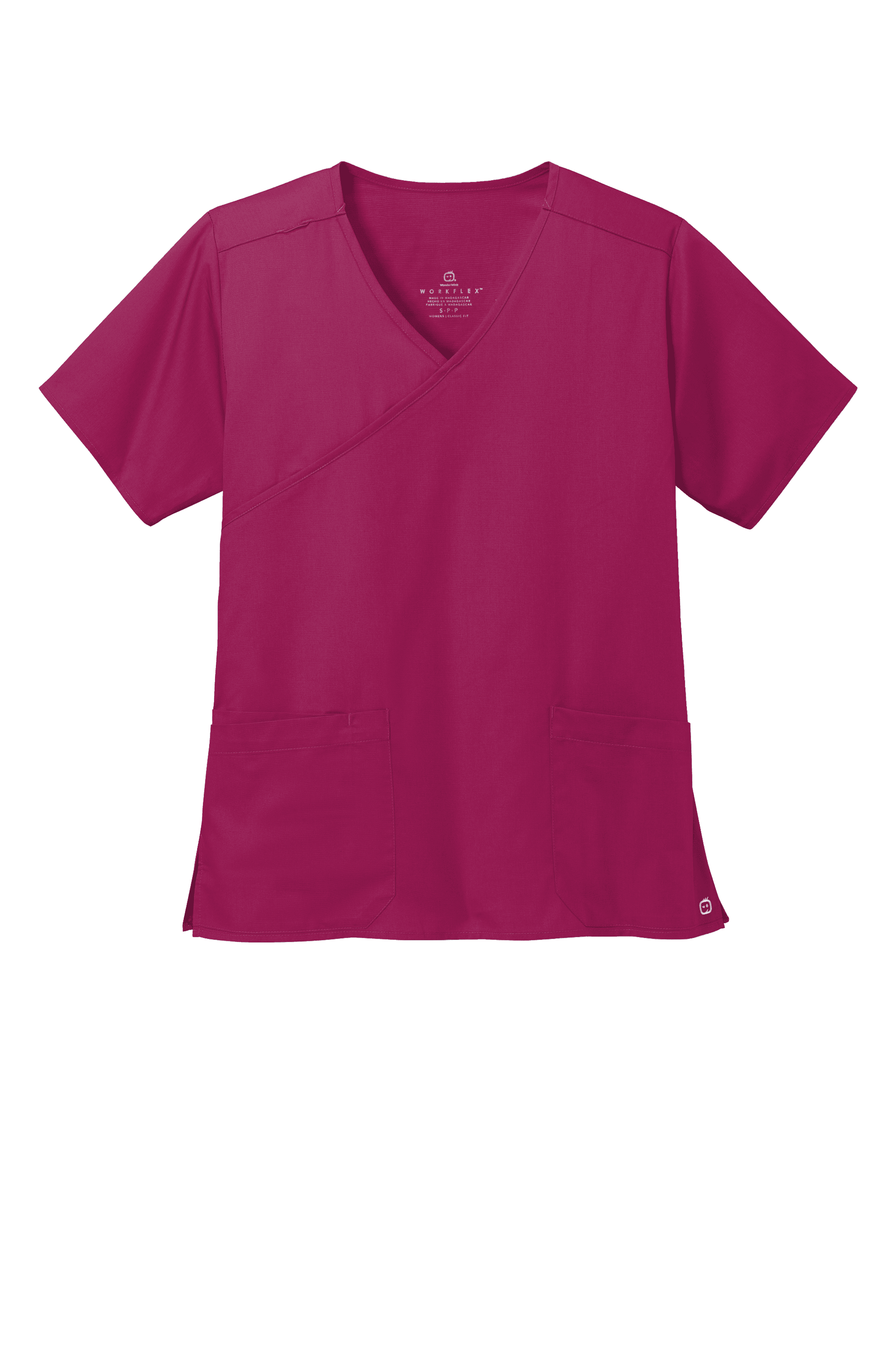 Women's Wink Medical WorkFlex™ mock wrap scrub top with a stylish wine-colored print, designed for comfort and professional healthcare wear.