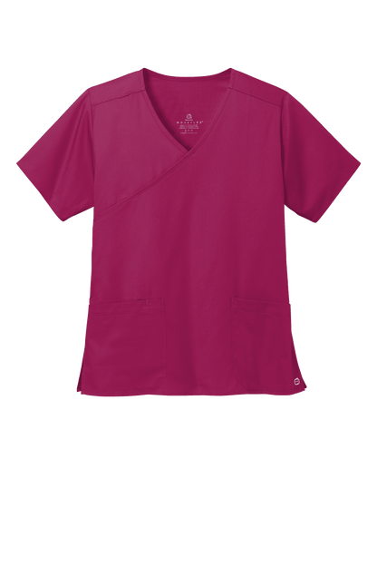 Women's Wink Medical WorkFlex™ mock wrap scrub top with a stylish wine-colored print, designed for comfort and professional healthcare wear.