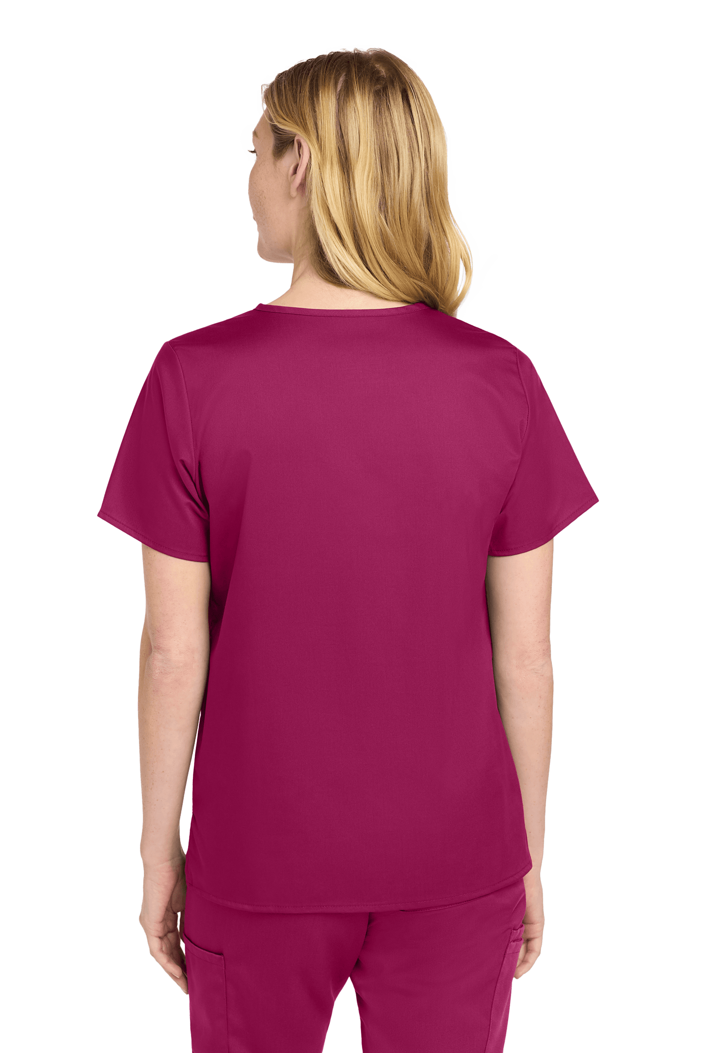 Wink Women's Medical WorkFlex™ mock wrap scrub top with printed design, shown from the back on a female model.
