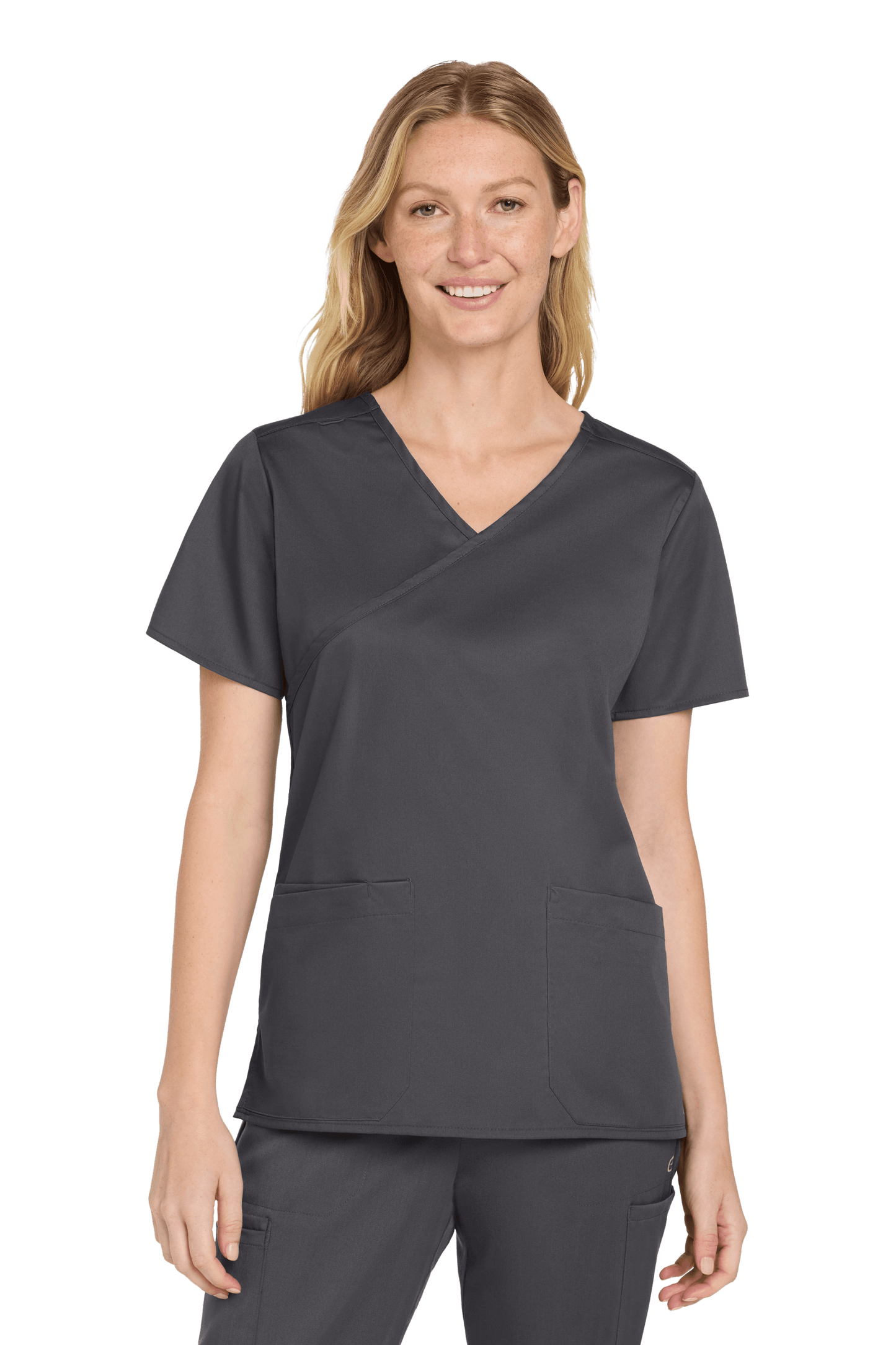 Women’s Medical WorkFlex™ mock wrap scrub top by Wink with a printed grey pattern, designed for comfortable medical work attire.