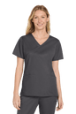 Women’s Medical WorkFlex™ mock wrap scrub top by Wink with a printed grey pattern, designed for comfortable medical work attire.