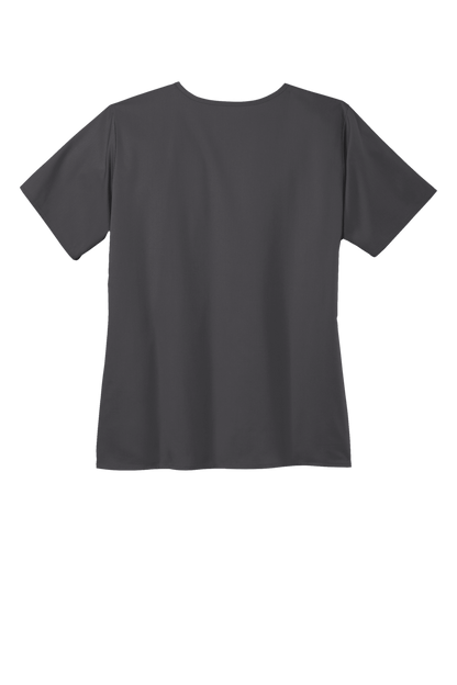 Women’s Medical WorkFlex™ mock wrap scrub top by Wink with a printed design, in pewter grey, designed for comfort and professional style.
