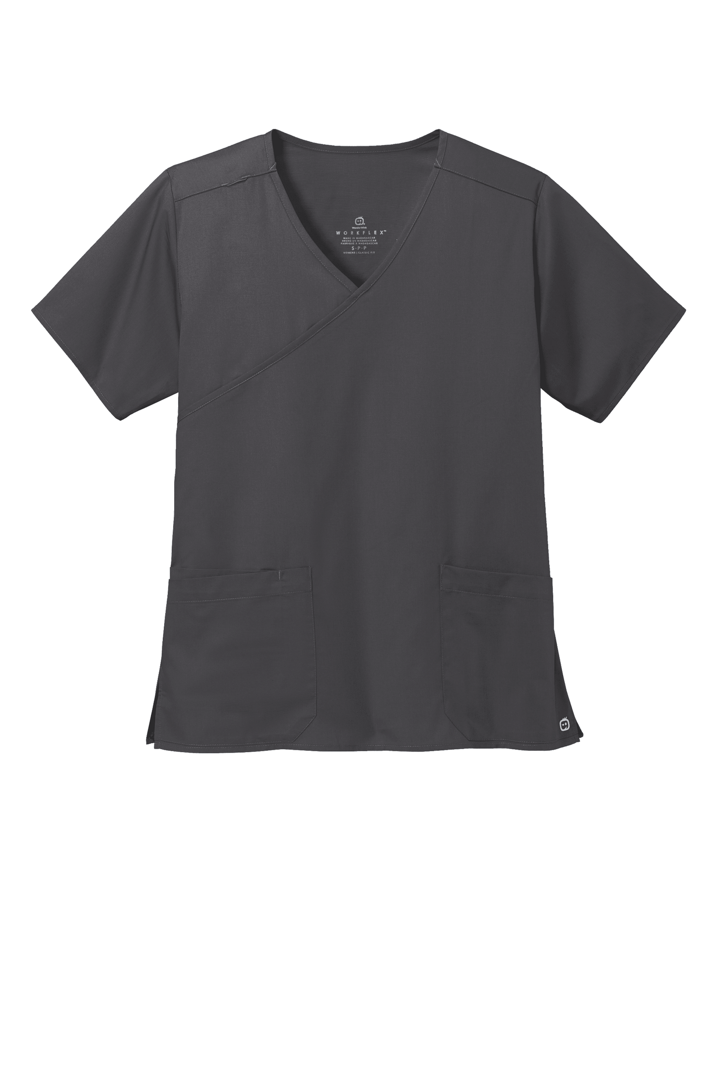 Wink Women's Medical WorkFlex™ Mock Wrap Top in pewter grey with printed scrub fabric, designed for comfortable medical workwear.