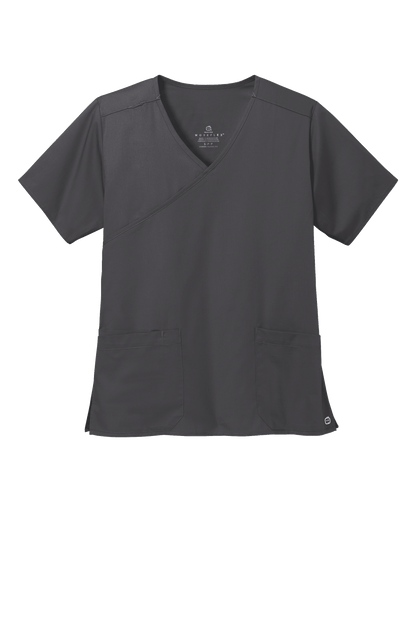 Wink Women's Medical WorkFlex™ Mock Wrap Top in pewter grey with printed scrub fabric, designed for comfortable medical workwear.