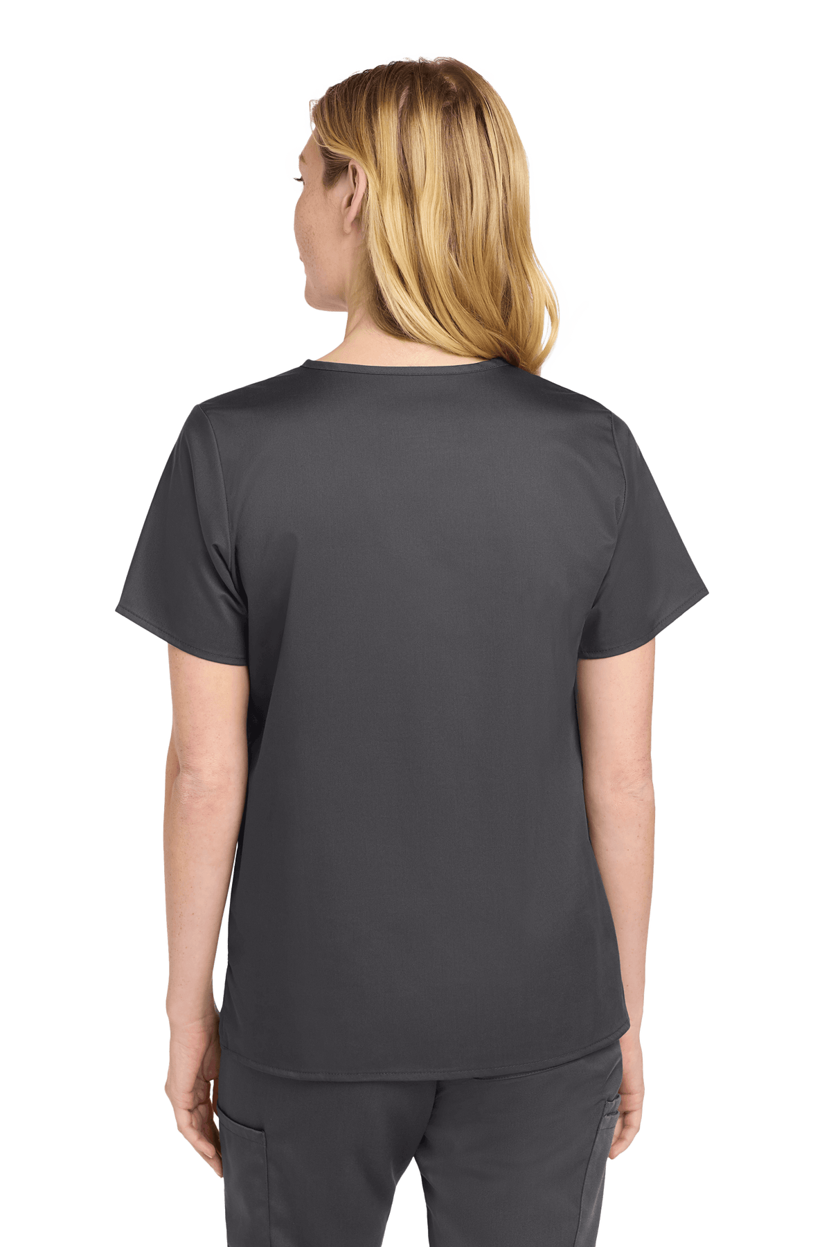 Wink Women's Medical WorkFlex™ mock wrap scrub top with printed design, shown from the back in pewter grey fabric.