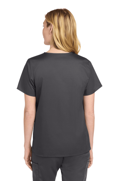 Wink Women's Medical WorkFlex™ mock wrap scrub top with printed design, shown from the back in pewter grey fabric.