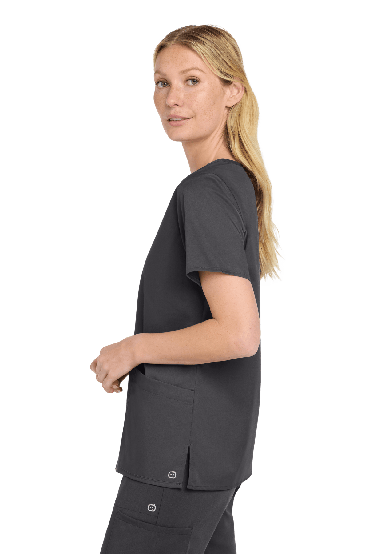 Wink Women's Medical WorkFlex™ mock wrap scrub top with printed design, shown from side view in pewter gray color.