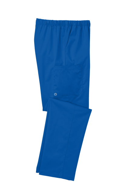 Women’s blue Wink medical scrubs cargo pants folded, featuring flexible fabric and printed design for medical workwear comfort.