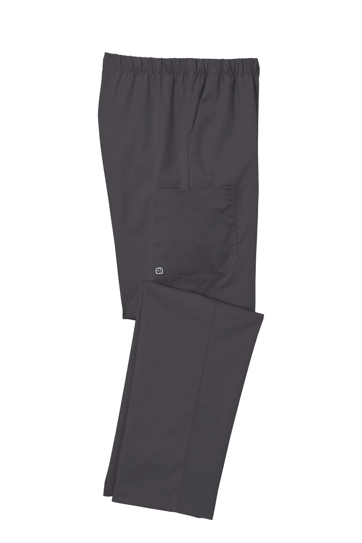 Women’s Pewter Grey medical scrubs with flex cargo pants featuring a printed design, by Wink, folded for display.