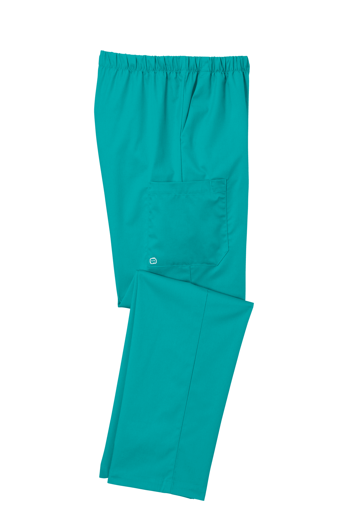 Women’s teal medical scrub cargo pants from Wink with flexible fabric and printed design, shown folded in the image.