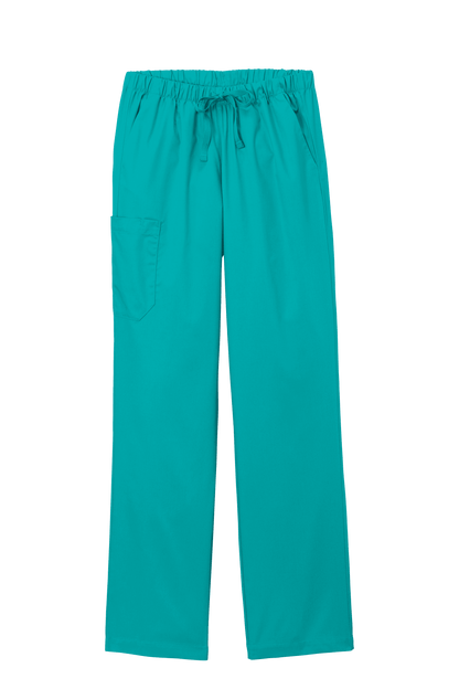 Women’s teal medical scrubs cargo pants with flexible fit and print design, designed for comfortable workwear by Wink.