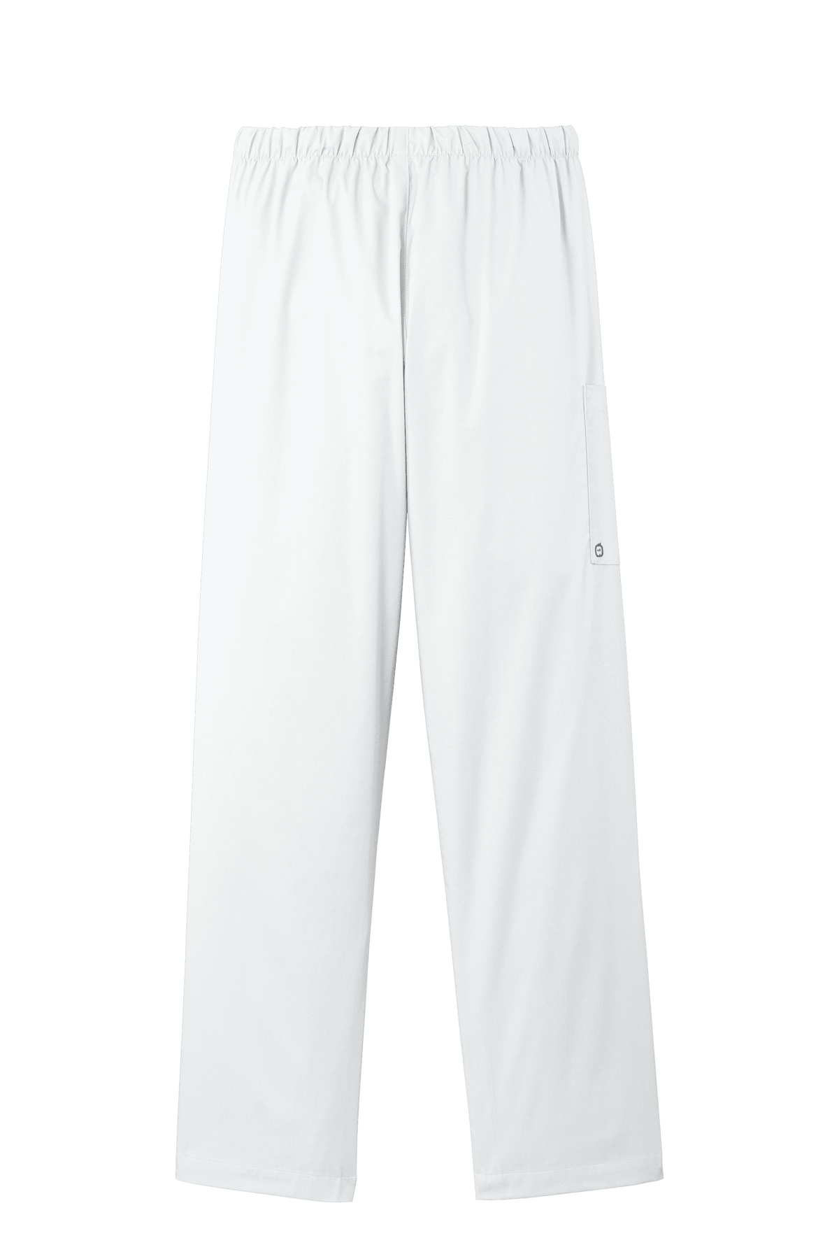 Women's white Wink medical scrubs cargo pants with flexible fabric and printed design, back view showing functional pockets.