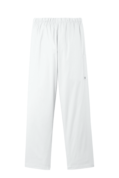 Women's white Wink medical scrubs cargo pants with flexible fabric and printed design, back view showing functional pockets.