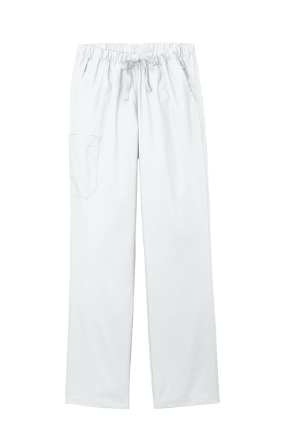 Women’s white medical workwear flex cargo scrub pants by Wink, featuring a comfortable fit and functional pockets.