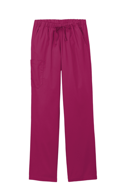 Women’s wine-colored medical scrubs Flex cargo pants by Wink with print design, designed for comfort and functionality in healthcare settings.