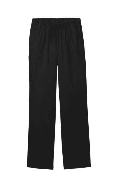 Women’s black medical scrubs with Flex cargo pants design from Wink, featuring a comfortable fit and functional pockets.