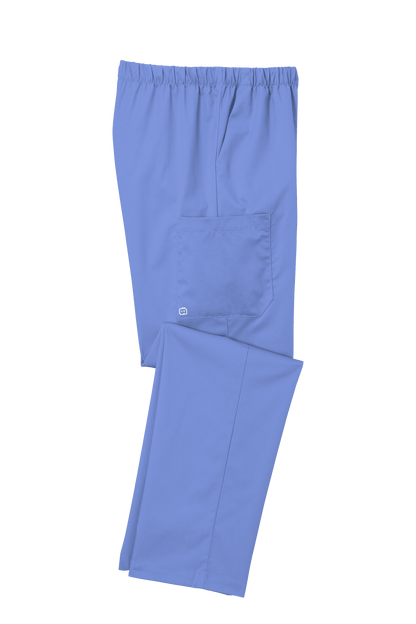Light blue women’s medical workwear flex cargo scrub pants from Wink, folded to show comfortable, functional design.
