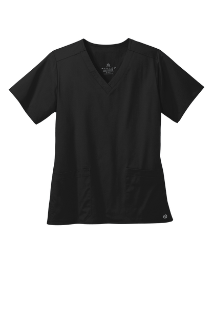 Black women’s medical scrub top by Wink, Flex V-neck style with printed design, suitable for healthcare professionals.