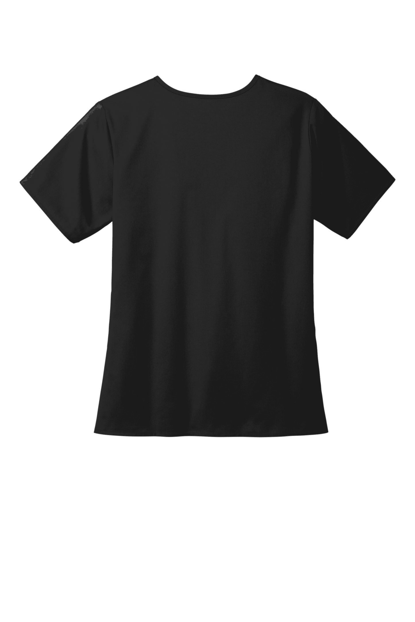 Wink women's black V-neck scrub top with printed design, medical workwear, comfortable fit, and functional pockets.