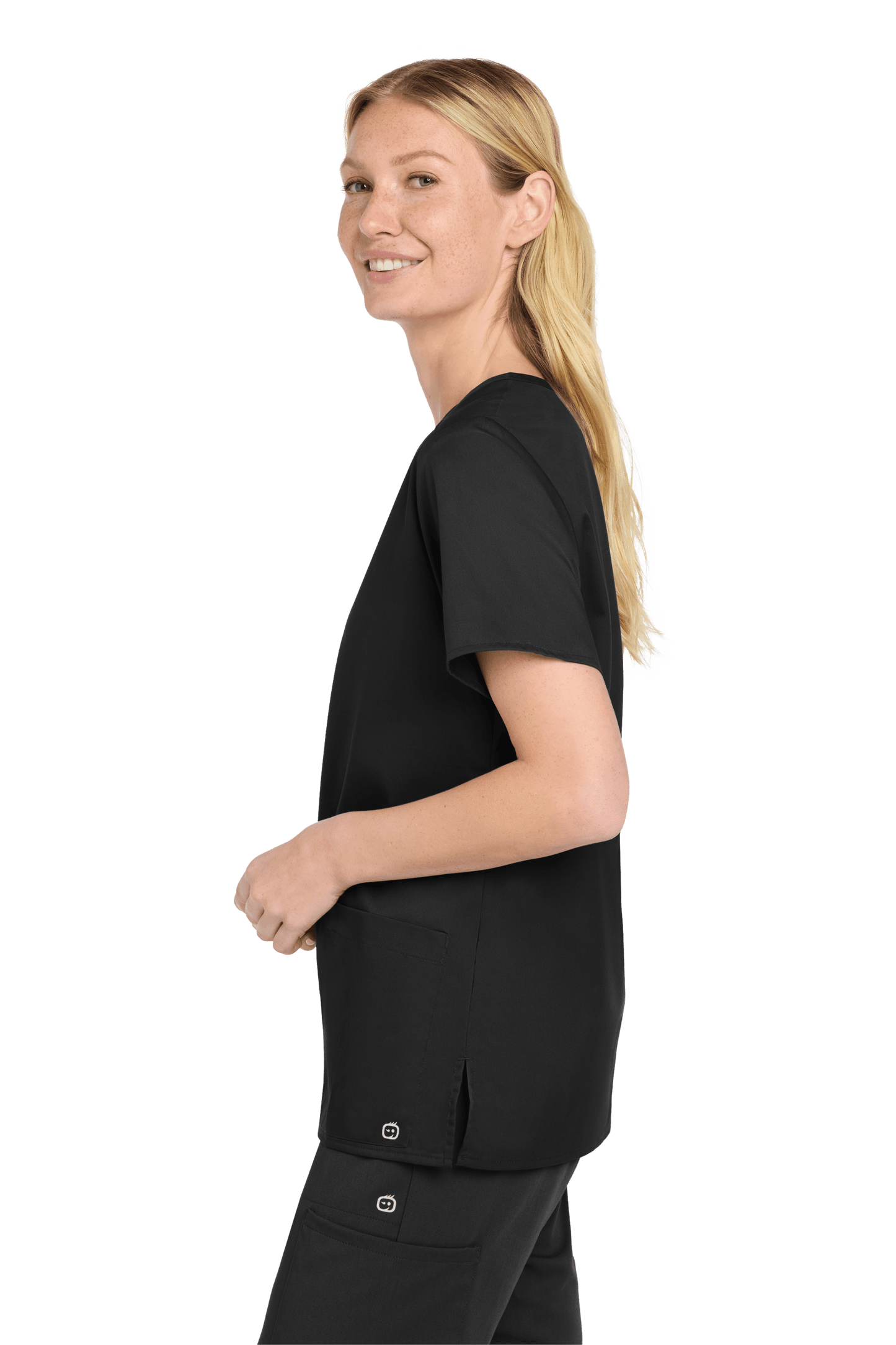 Wink women's black V-neck scrub top with print design, shown from side view, made for medical workwear with comfortable fit.