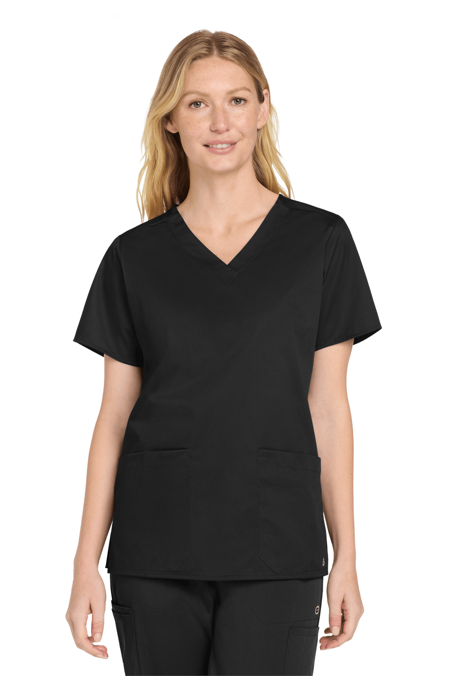Wink women's black Flex V-neck scrub top with printed design, front view showcasing medical workwear for women.